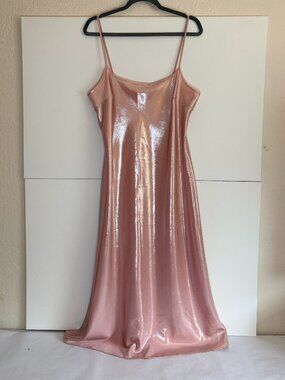 Light Pink Shiny Shimmer Summer Satin Maxi Cowl Neck Slip Dress Size LP
